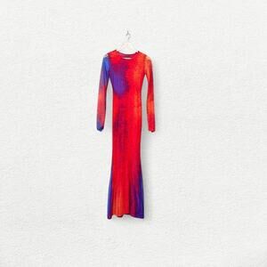 Woods by Jordyn Noa Mesh Long Sleeve Print Maxi Dress in Red & Purple